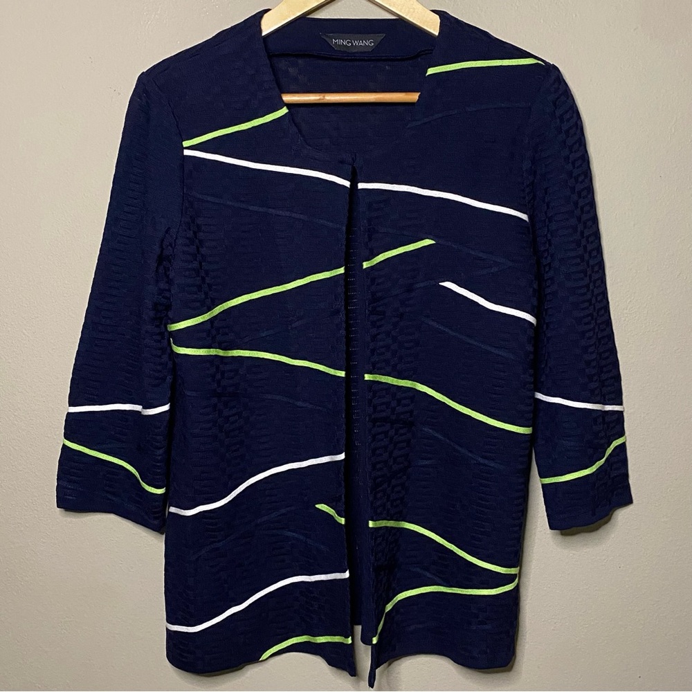 Ming Wang Medium Knit Jacket Women Medium Green White Abstract Stripes Read